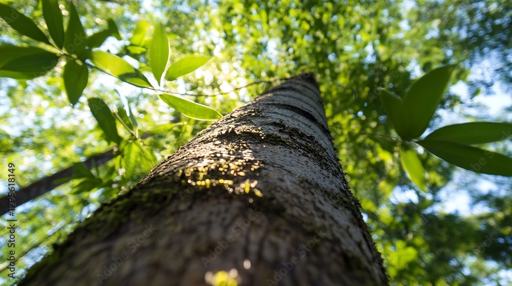 Poster Majestic CloseUp View of a Towering Tree Trunk Surrounded by Lush Green Foliage : Generative AI