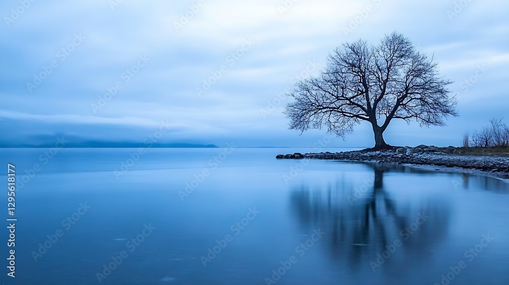 Poster serene landscape with bare tree reflected in calm blue water under a cloudy sky : generative ai