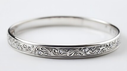 A silver bracelet with engraved designs and tiny diamonds, shown on a white background