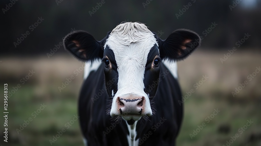 Poster stunning close up of a black and white cow standing on a green pasture with a blurred background : g