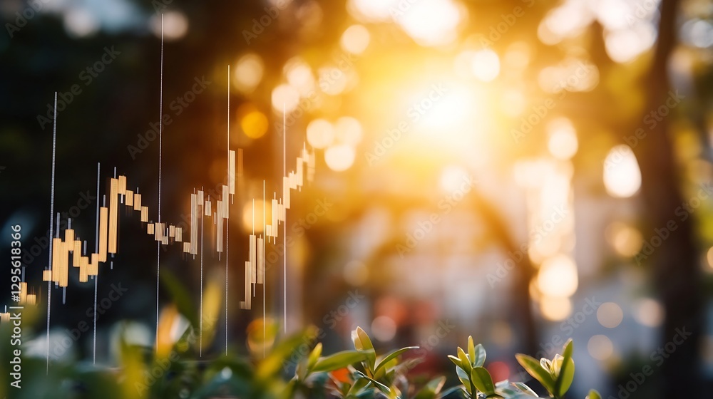Poster captivating closeup of stock market data visualization against a dreamy sunset background : generati