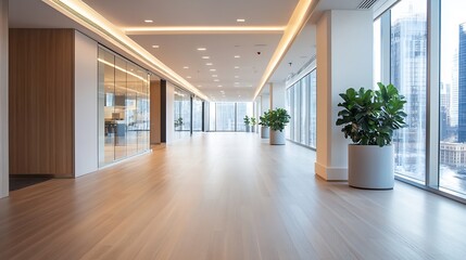 Obraz premium Bright Office Corridor with Large Windows and Sleek Flooring : Generative AI