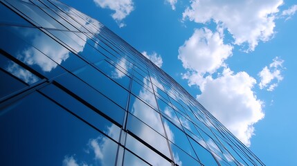 Architectural beauty of skyscrapers reflecting fluffy clouds and blue skies capturing urban elegance : Generative AI