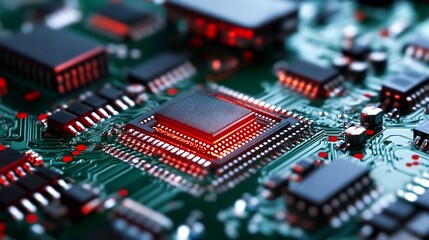 Obraz premium Close Up of High-Tech Microchip Circuit Board with Red LED Lights : Generative AI