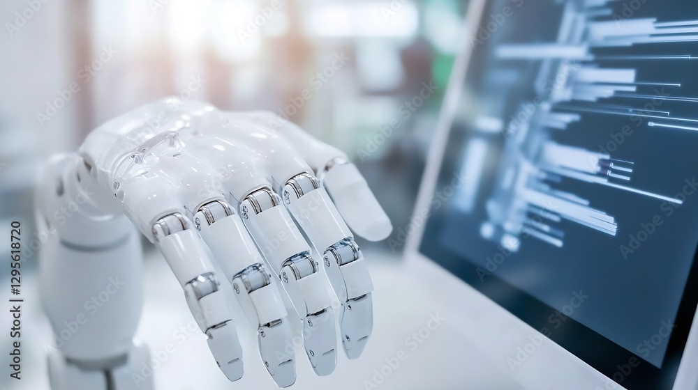 Aufkleber Closeup view of a cuttingedge robotic hand interacting with advanced computer technology : Generative AI