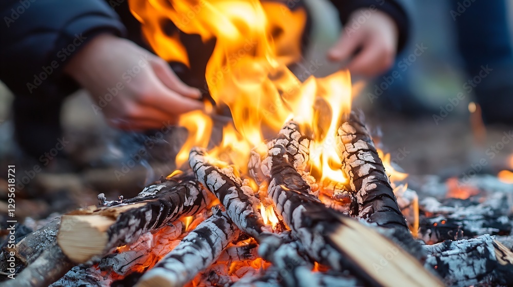 Poster close up view of a campfire with vibrant flames and logs being tended by hands in an outdoor setting