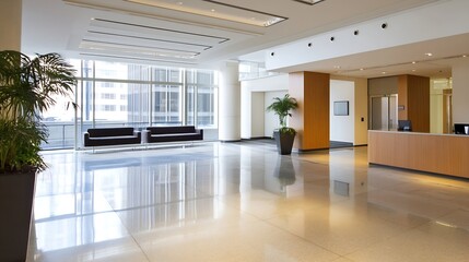 Elegant and spacious lobby design of a modern building with natural light and plants : Generative AI