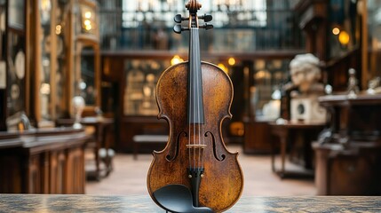 Antique violin displayed in museum gigapixel hq scale intricate carvings cultural heritage artistic perspective