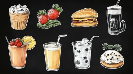 Hand-drawn illustrations of various food and drinks including coffee, strawberries, sandwich, beer, smoothie, lemonade, milkshake, and donut on a chalkboard background. © Arfi Studio