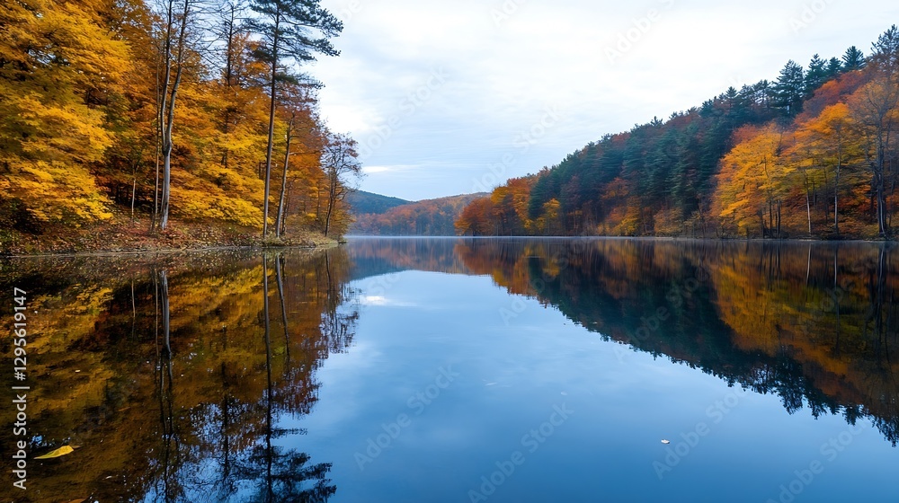 Poster Autumn Reflection of Colorful Trees on a Calm Lake Under Cloudy Sky : Generative AI