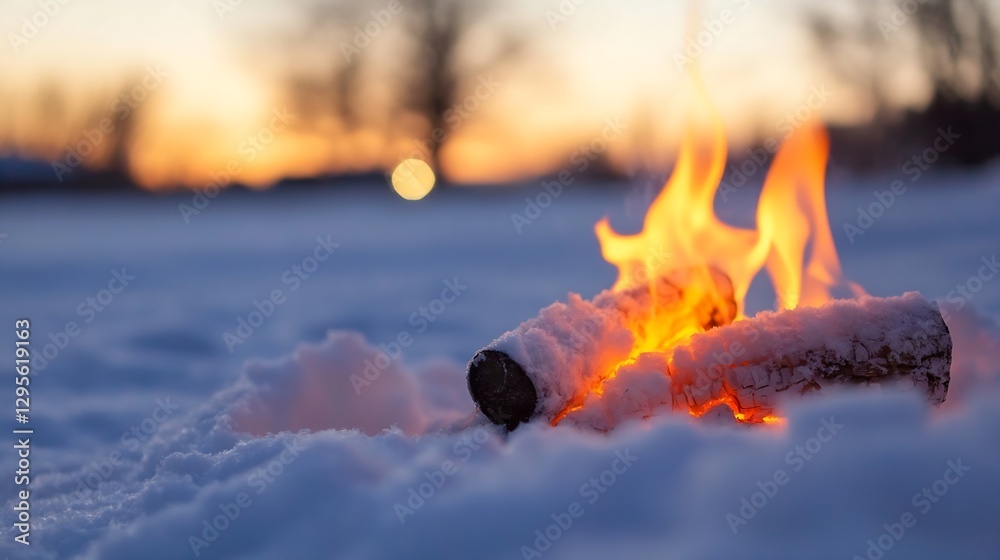 Aufkleber Realistic Flames from Burning Logs in Snowy Background at Dusk : Generative AI