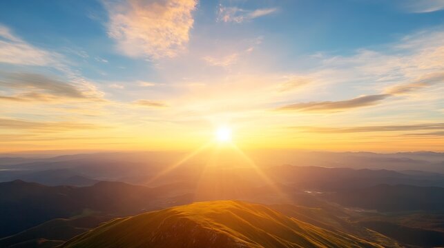 Beautiful sunrise over rolling hills with golden light radiating across the expansive landscape : Generative AI