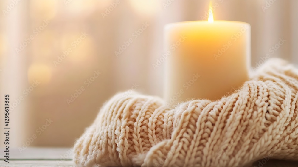 Poster Cozy candle lit in a knitted setting creating warmth and tranquility for relaxation : Generative AI