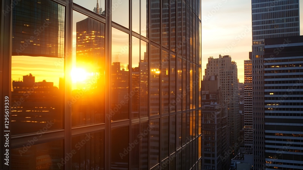 Poster elegant sunset reflections on skyscraper windows in a bustling cityscape : generative ai
