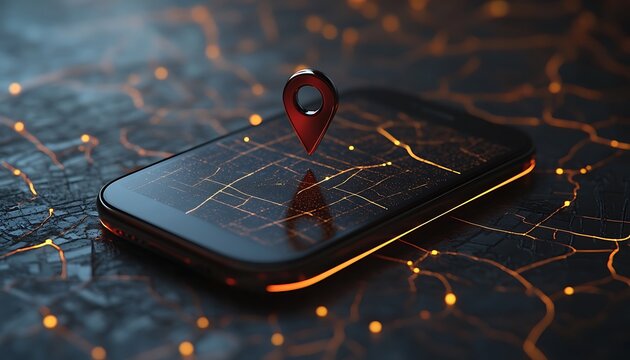 A smartphone displays navigation with a location marker on a map