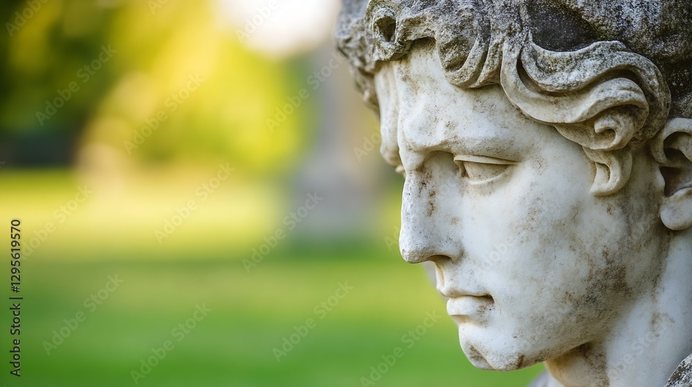 Poster close-up of an elegant stone sculpture with lush green background : generative ai