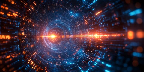 Abstract blue technology background with light rays and futuristic circular elements, digital wallpaper design template.