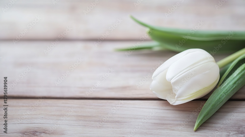Aufkleber serene white tulip on a wooden surface with green leaves showcasing the beauty of nature and simplic