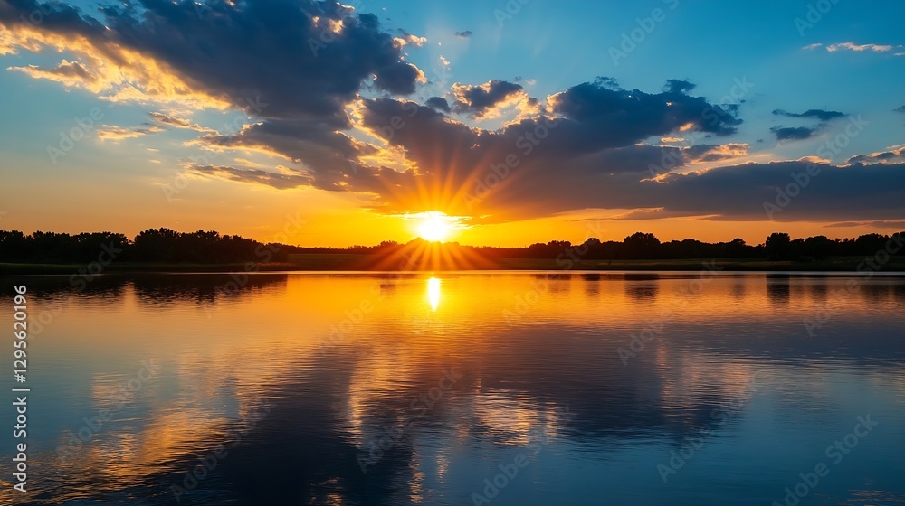 Poster vibrant sunset over a calm lake reflecting colorful clouds and trees : generative ai