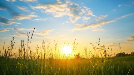 Fototapeta premium Stunning Sunset Over Green Grass Field with Vibrant Sky and Natural Beauty : Generative AI