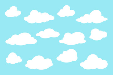 A set of white clouds flying on a sky-blue background, hand-drawn, isolated, vector illustration, flat design. Decorative simple blank design element for decoration, cover. Text field, bubble