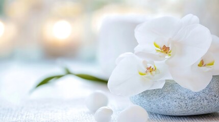 Elegant White Orchid Flowers Resting on a Smooth Stone with Serenity : Generative AI