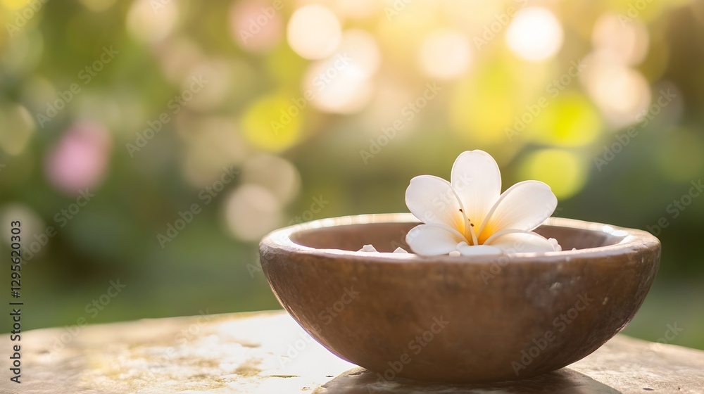 Poster beautiful plumeria flower floating in a wooden bowl with soft bokeh background : generative ai