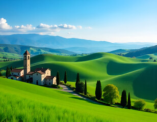 Picturesque landscape, Rolling green hills, Small village, Church, Distant mountains, Clear blue sky, Scattered clouds, Countryside, Scenic view, Idyllic setting, Nature photography, Tranquil scenery,