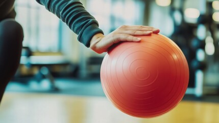 A person using an exercise ball to stretch their elbow in a spacious gym. Featuring injury...