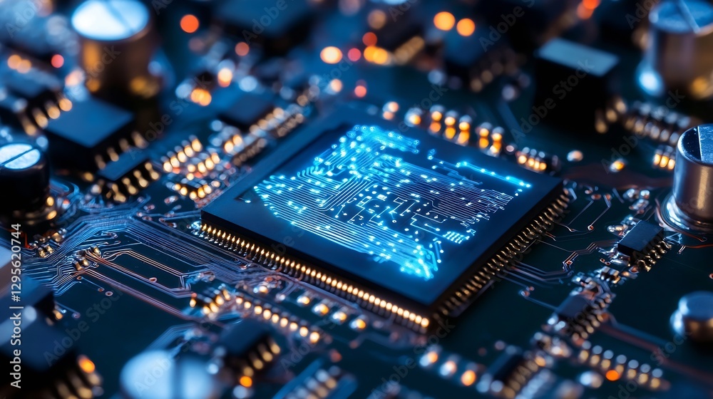 Poster Close-Up of a Microprocessor with Blue Light Circuitry on a PCB Board : Generative AI