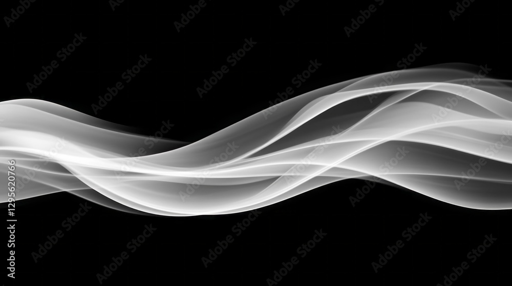 Poster Soft, flowing white waves gracefully undulate across a deep black background, capturing a sense of fluid motion and ethereal beauty while inviting contemplation and calmness