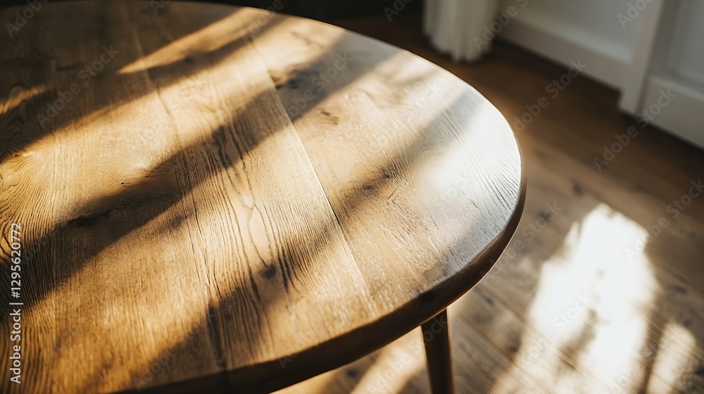 Poster stylish round wooden table bathed in warm light from a window creating a cozy interior atmosphere : 