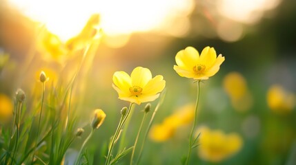 Vibrant Yellow Flowers Glowing in the Golden Light of Sunset in a Blooming Meadow : Generative AI