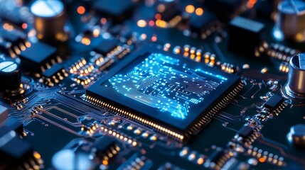 Obraz premium Close-Up of a Microprocessor with Blue Light Circuitry on a PCB Board : Generative AI