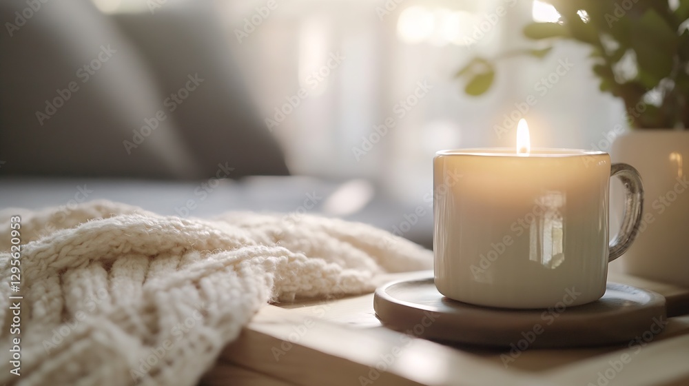 Poster cozy candlelight and knit blanket on a wooden table creating a tranquil home atmosphere : generative