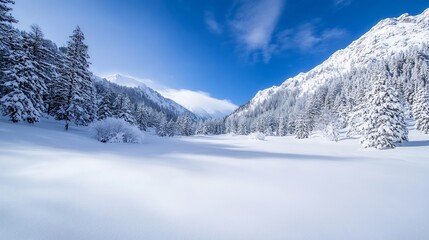 Stunning winter landscape showcasing a peaceful snowcovered forest under a blue sky and distant mountains : Generative AI