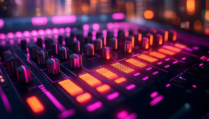 Fototapeta premium Neon DJ mixer at night city