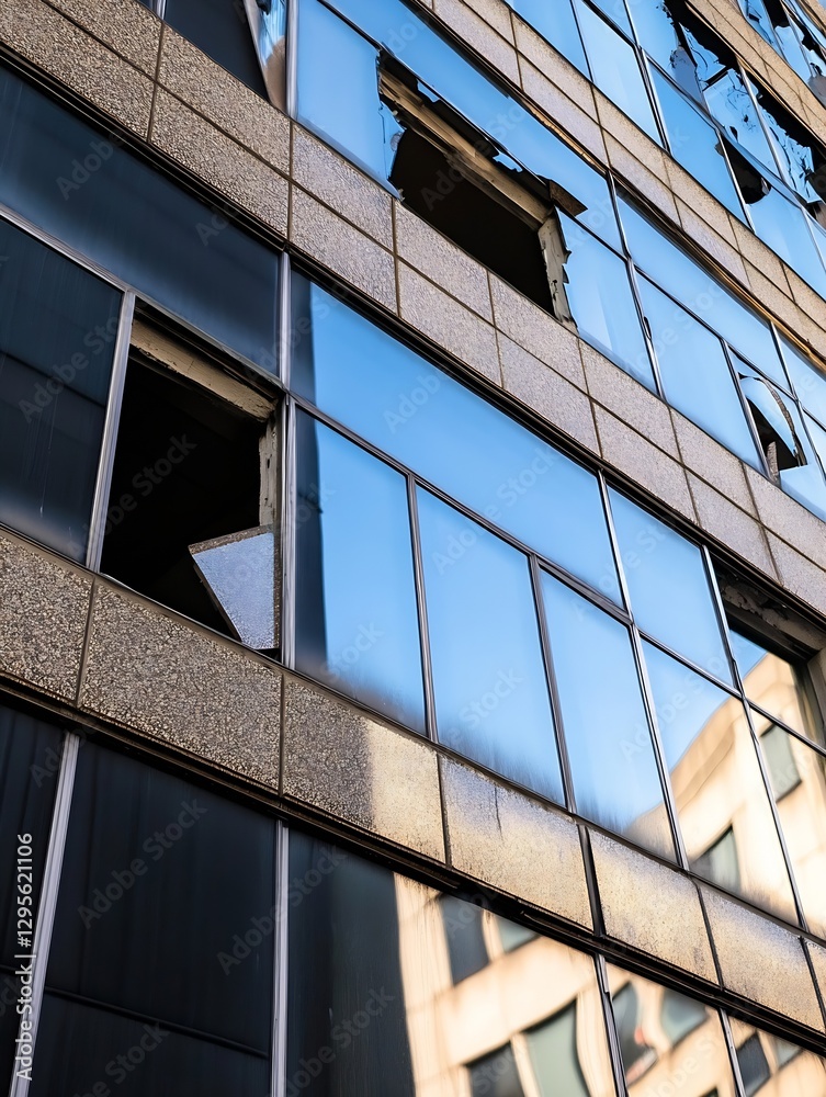 Poster Closeup View of Broken Windows on an Urban Building Reflecting Clear Sky and Surroundings : Generative AI