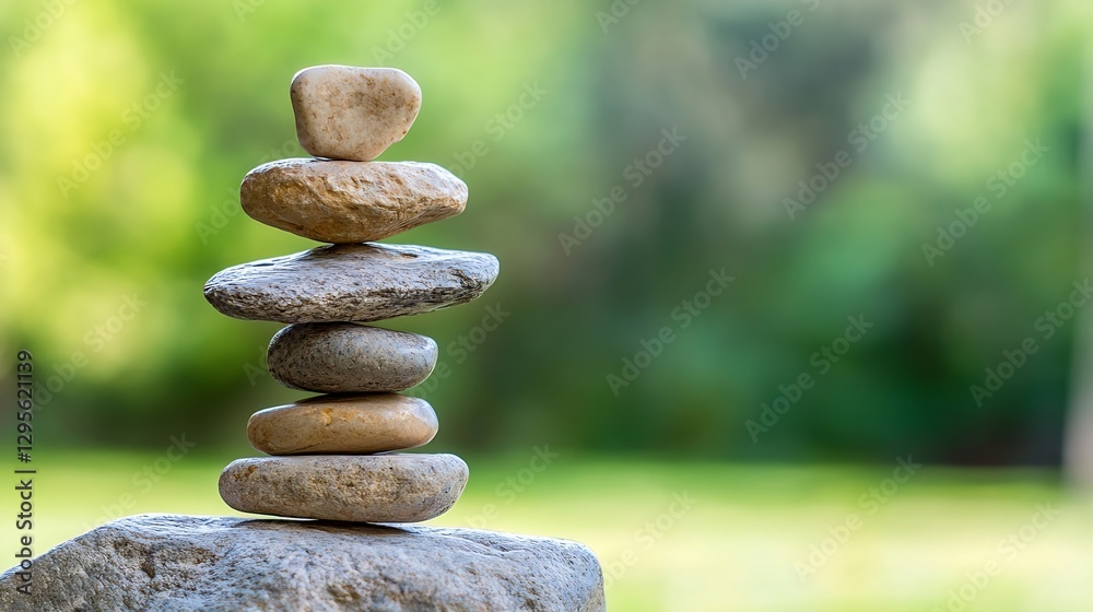 Aufkleber balanced stack of smooth stones on a natural green background symbolizing calmness and tranquility :