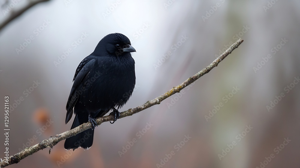 Aufkleber Elegant Black Bird Perched on a Branch with a Soft Natural Background in Misty Conditions : Generative AI