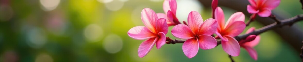 Fragrant pink frangipani flowers blooming on a tree branch, flowers, nature, petals