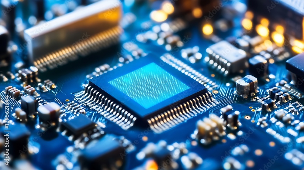 Aufkleber Close-Up Shot of a Computer Chip on a Circuit Board with Intricate Electronic Components : Generative AI