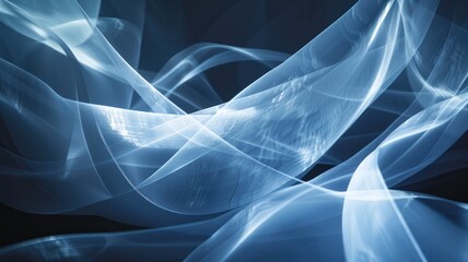 A smooth of abstract representation of blue light waves and particles against on dark background in flowing lines creating movement and fluidity offering calming visual effect modern ethereal. AIG53.