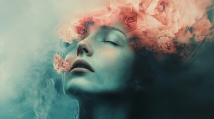 Serene Woman Emerging from Floral Smoke Dreamy Surreal Portrait