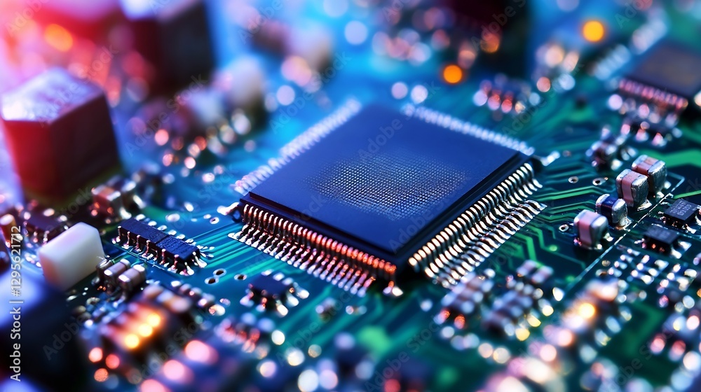 Poster Close up of a modern computer chip on a printed circuit board with colorful lights : Generative AI