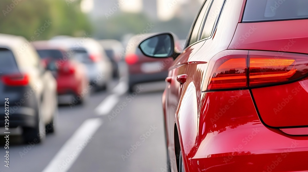 Poster traffic jam on a busy road with bright red car in the foreground : generative ai