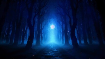 Enigmatic blue forest at night with glowing orbs illuminating the misty path ahead - Powered by Adobe