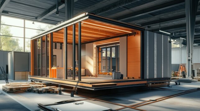 Factory assembling modular homes, with a focus on modern design and efficient construction, modular home assembly, housing innovation