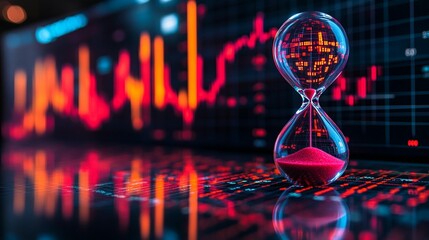 Hourglass reflecting stock market graph data, showing time and finance.