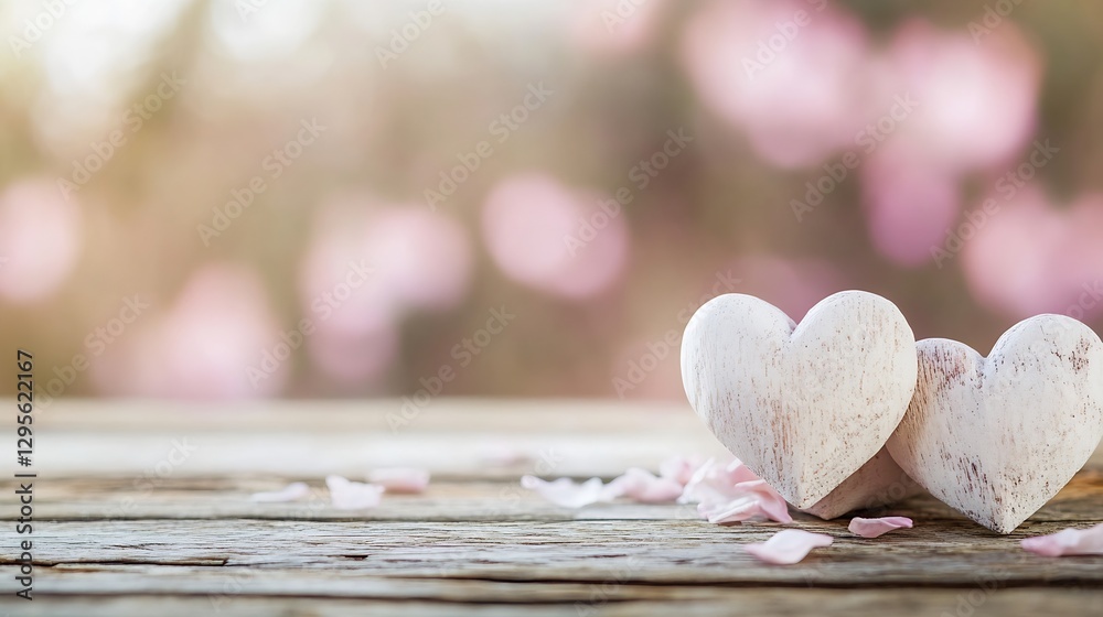 Poster Two rustic heart decorations on a wooden table with a blurred background : Generative AI